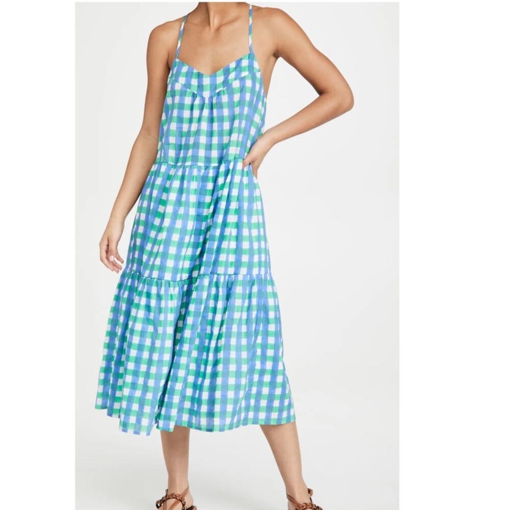 Blue & Green Gingham Tiered Midi Dress